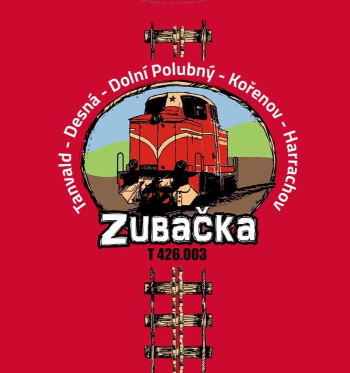 Červený podklad. Obrázková grafika lokomotivy.