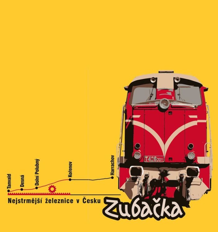 Žlutý podklad. Červená lokomotiva. Zubačka.