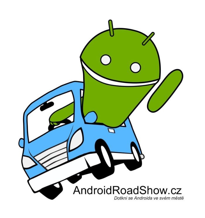 Potisk triček. B9lý podklad. Zelená postavička Android robota v modrém autě.