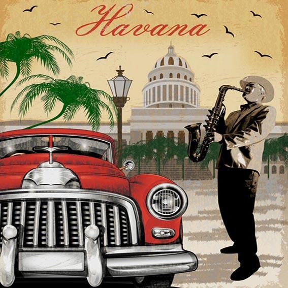 Obrázek červeného staršího auta. Muž se saxofonem. Havana.