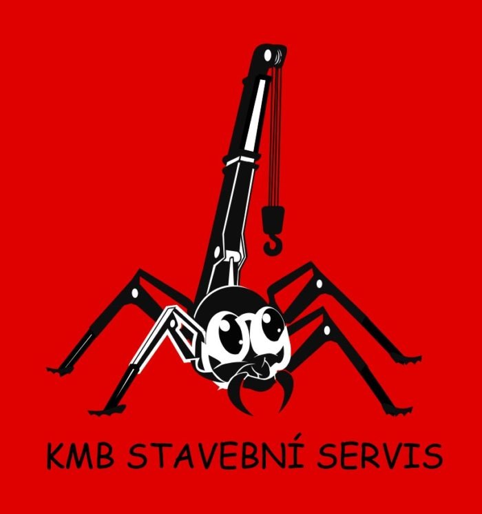 Červený podklad. Černý štír s ocasem jeřábu. KMB stavební servis.