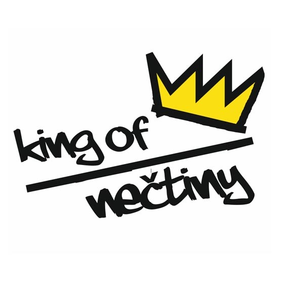 Bílý podklad. Zlatá koruna. Černý text king of nečtiny.